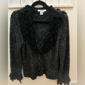 Acorn Black and Purple Textured Sweater with Black Fringe Accents. Size L